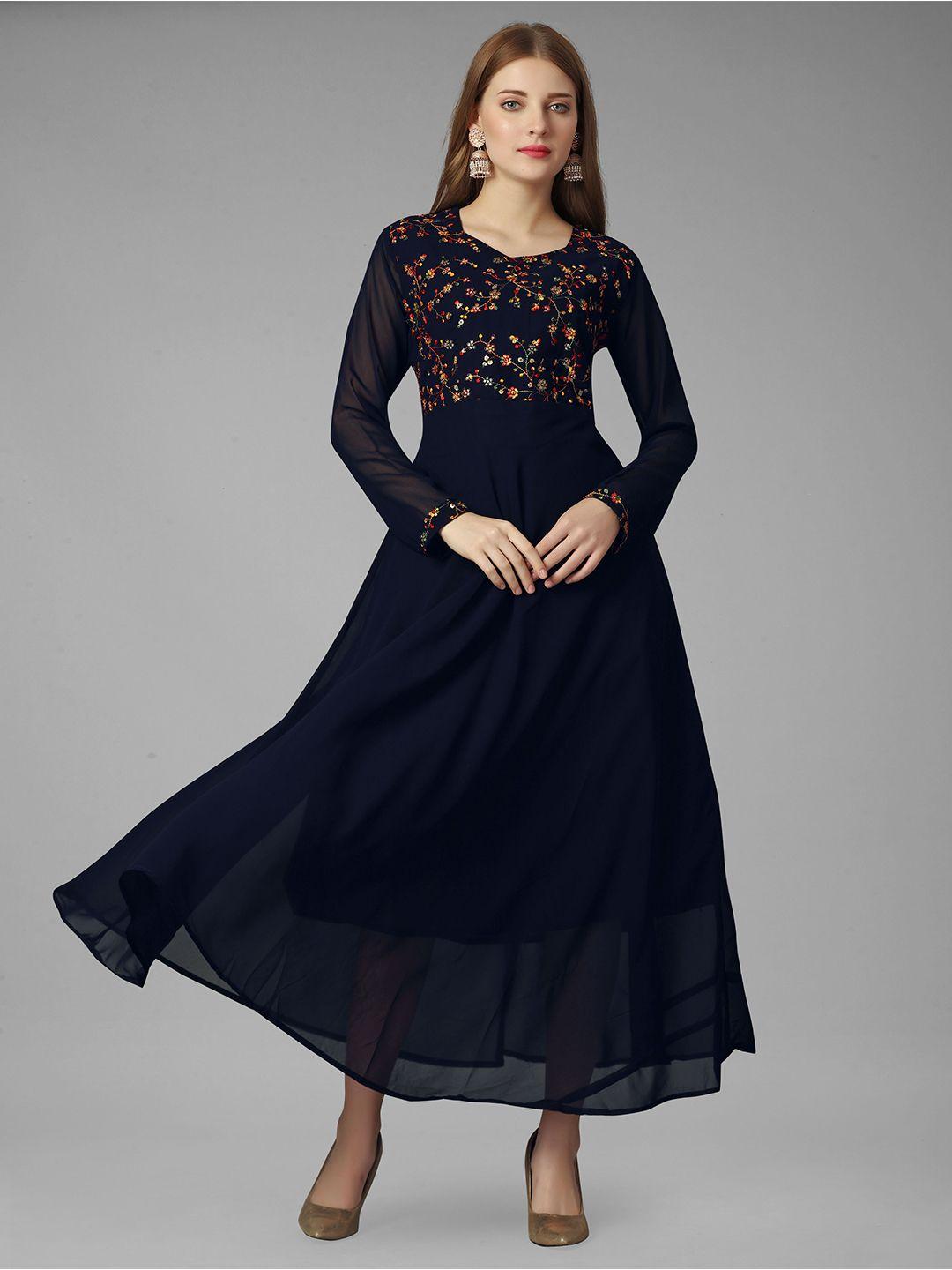 sidyal floral embroidered v neck long sleeves fit & flare dress