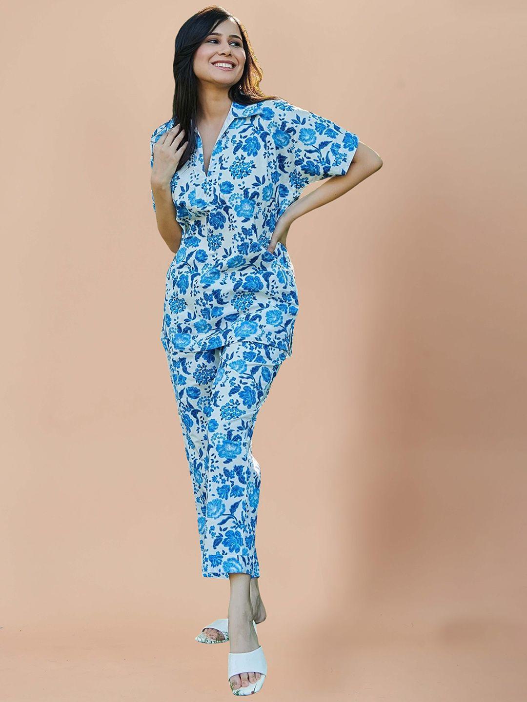 sidyal floral printed shirt collar top and trousers co-ords