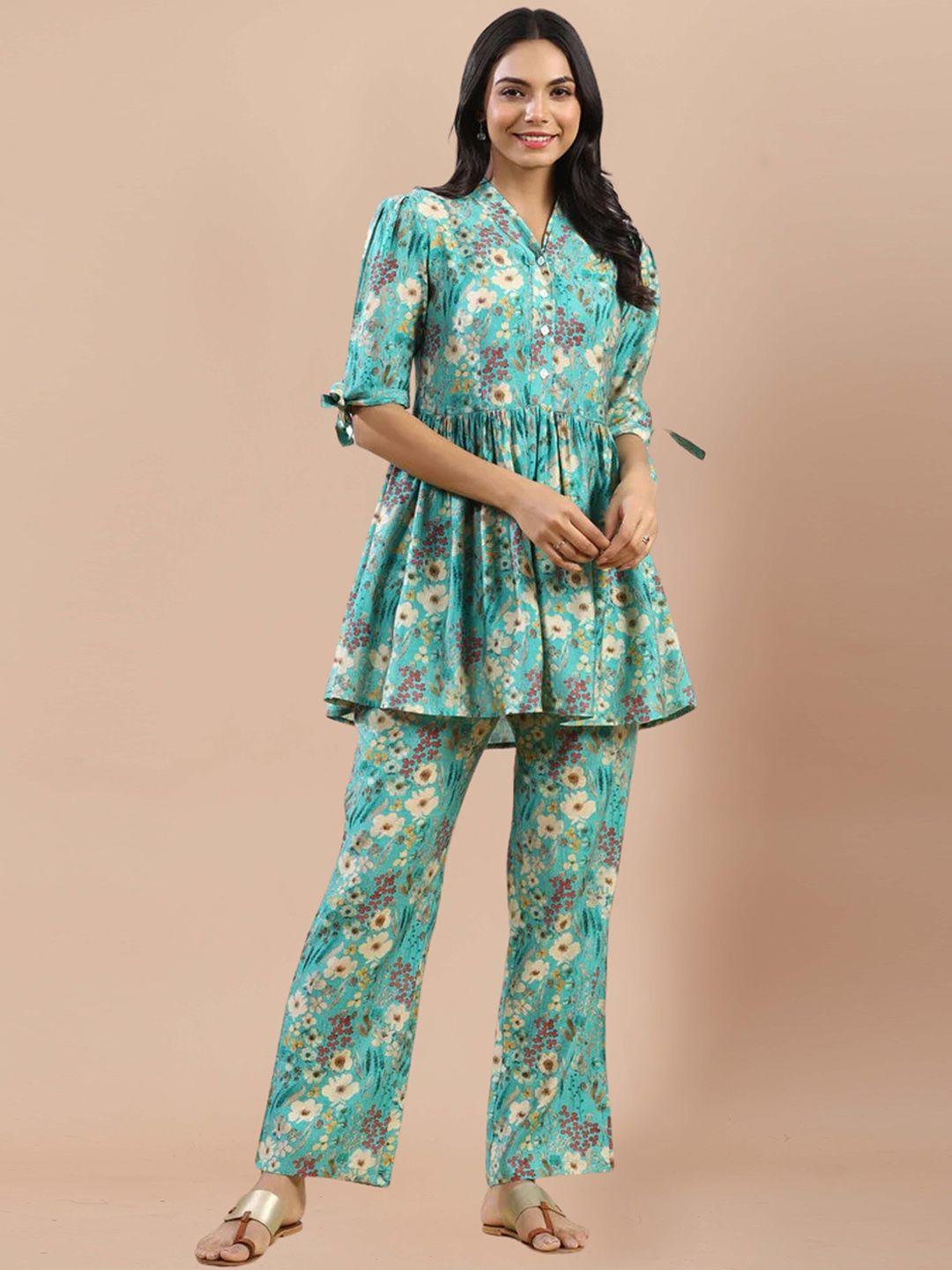 sidyal floral printed v-neck top with flared palazzos co-ords
