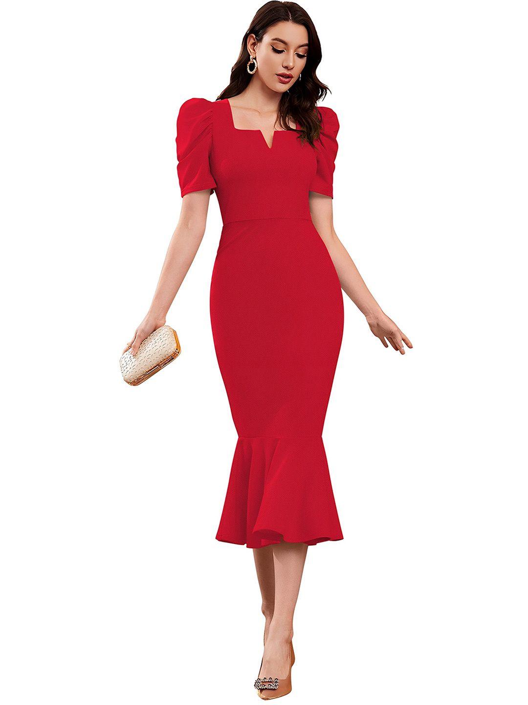 sidyal puff sleeves sheath midi dress