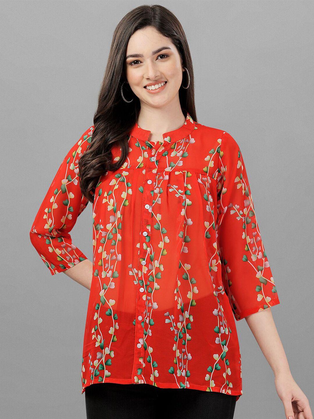 sidyal red print mandarin collar georgette top