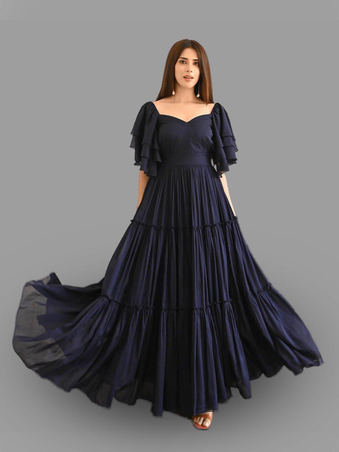 sidyal sweetheart neck flutter sleeves gathered georgette maxi dress
