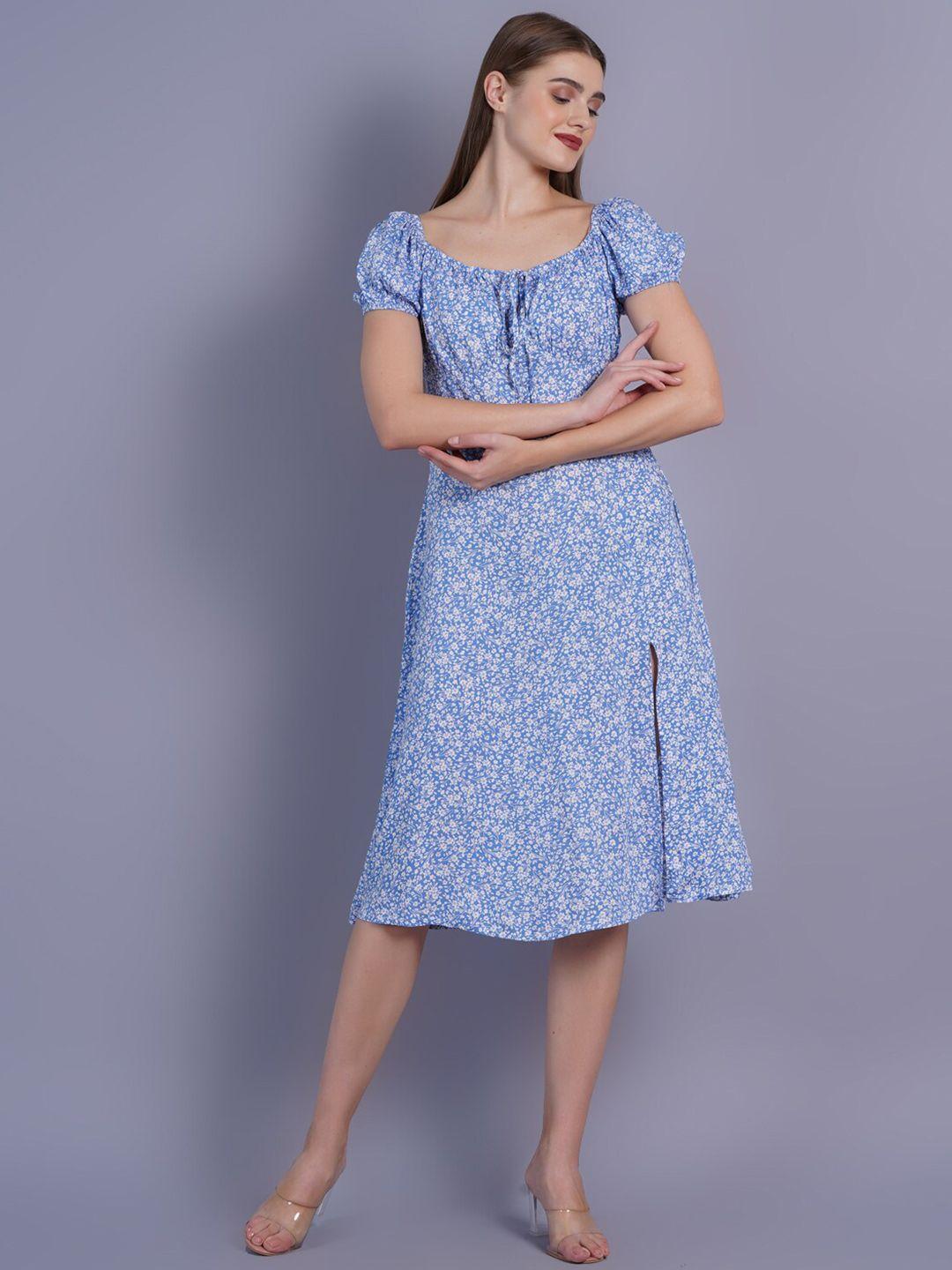 sightbomb blue floral print tie-up neck flutter sleeve a-line dress