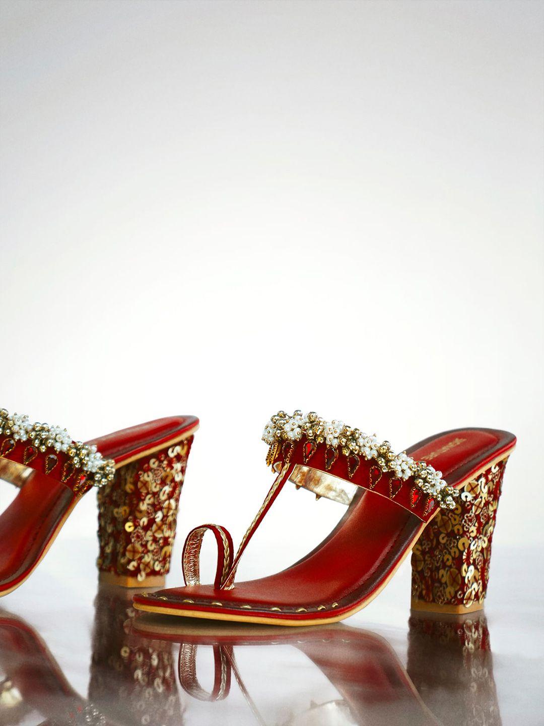 signature sole ethnic embellished one toe block heels