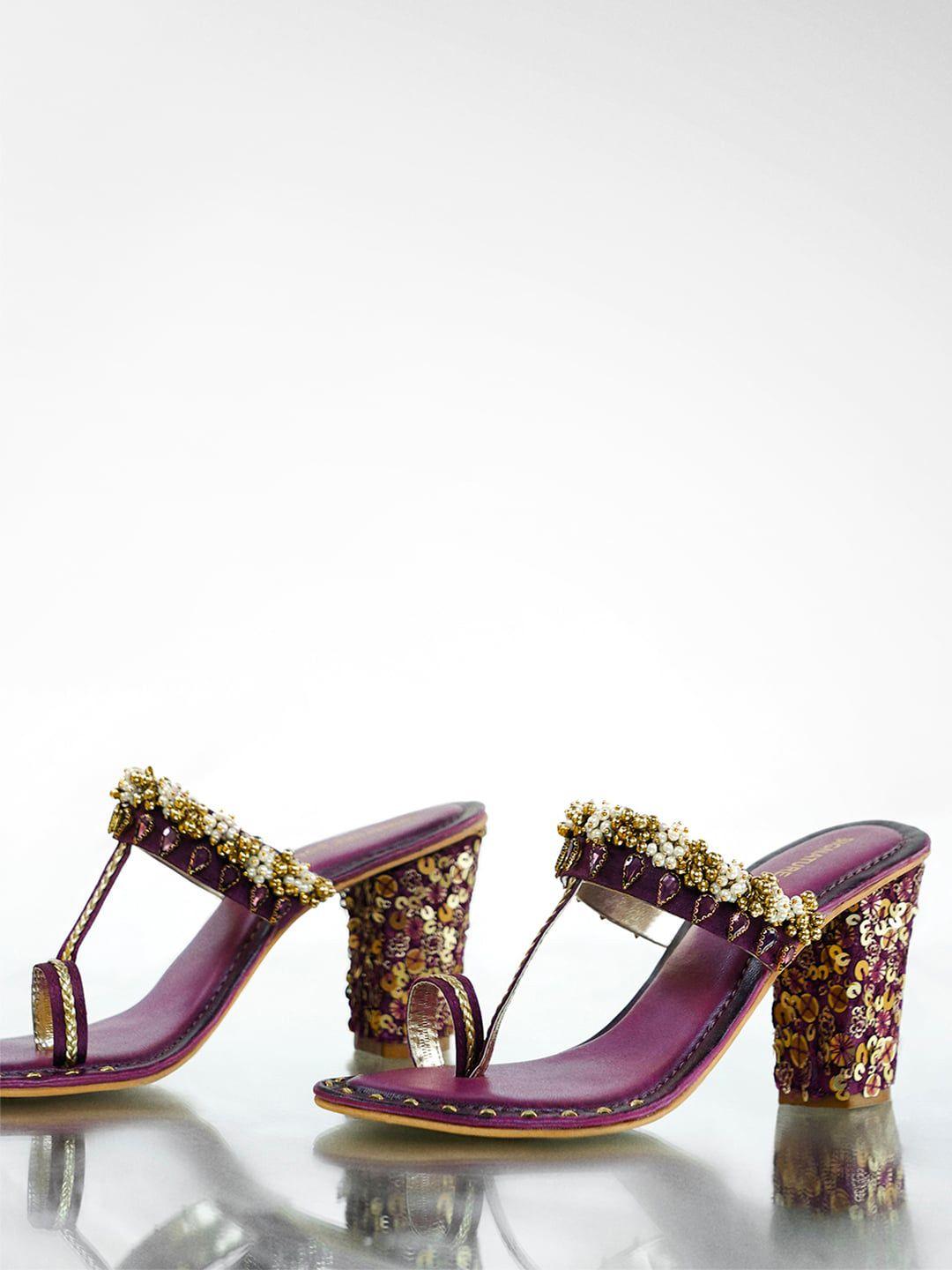 signature sole ethnic embelllished block heels