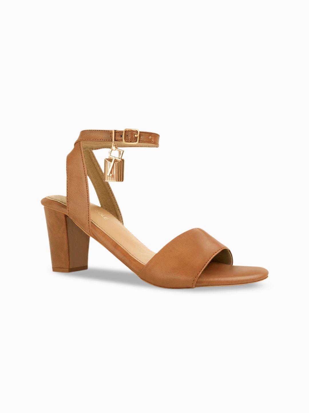 signature sole open toe block heels with ankle loop & buckles detail