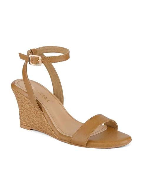 signature sole women's brown ankle strap wedges