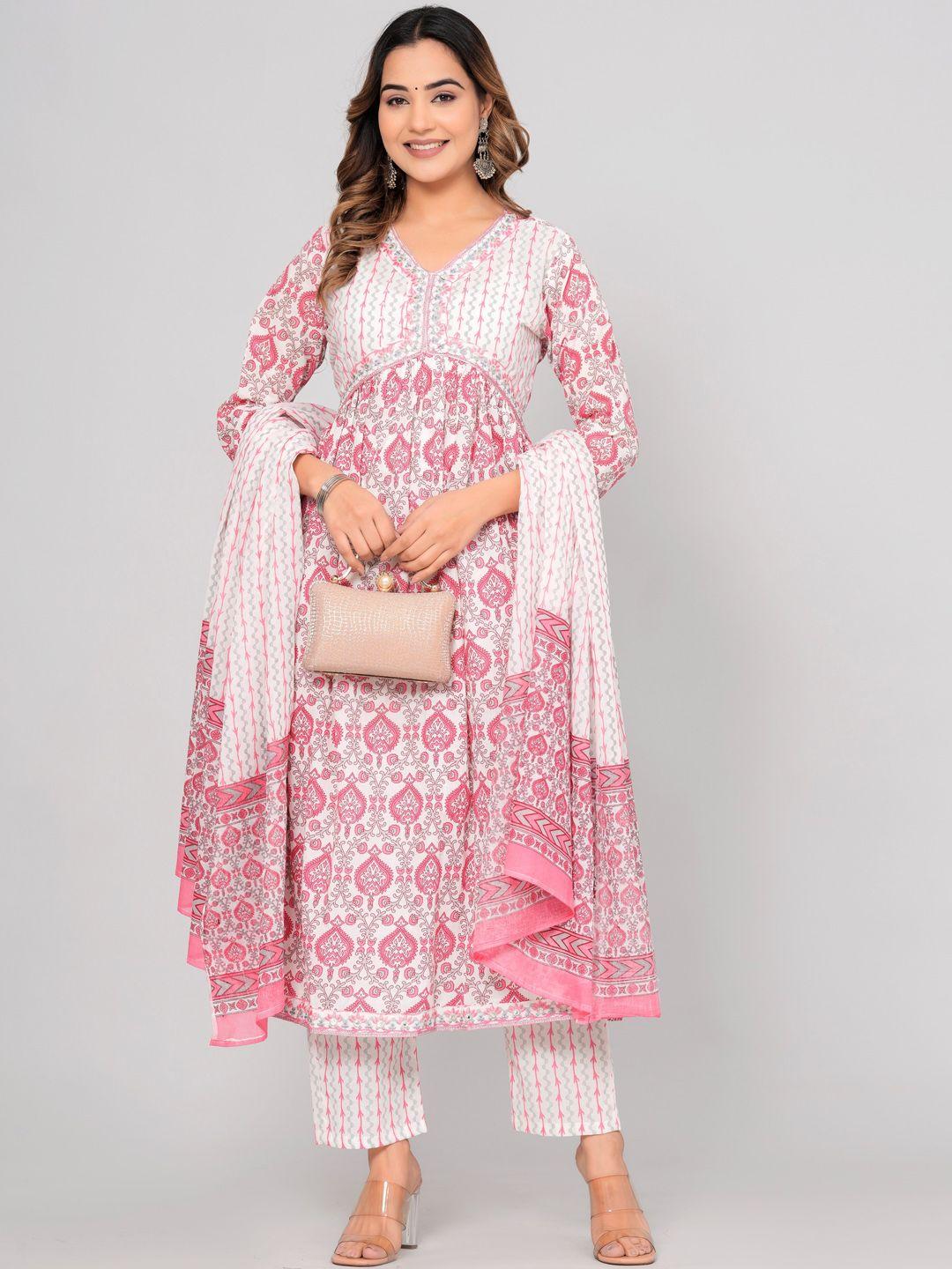 sijopa women floral embroidered regular mirror work pure cotton kurta with trousers & with dupatta