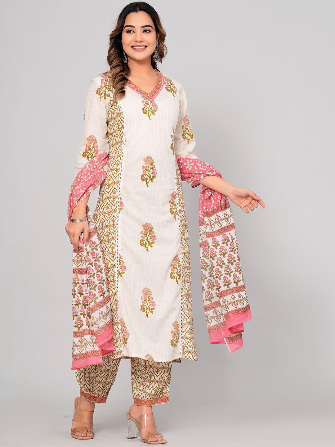 sijopa women floral printed regular beads and stones pure cotton kurta with salwar & with dupatta