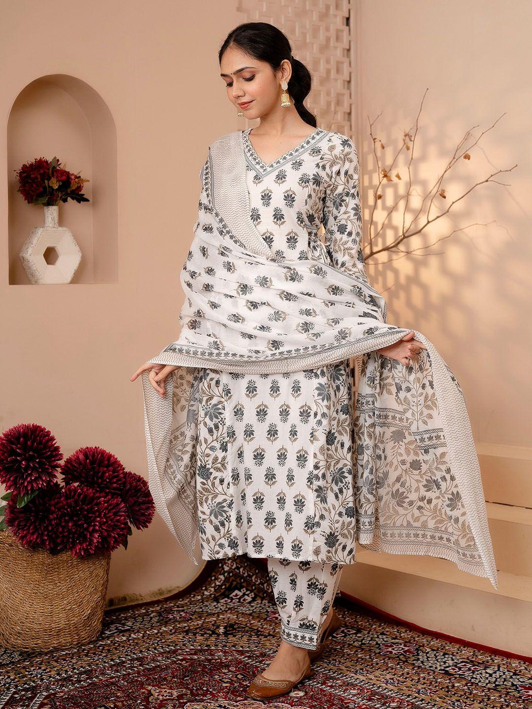 sijopa women floral printed regular beads and stones pure cotton kurta with trousers & with dupatta