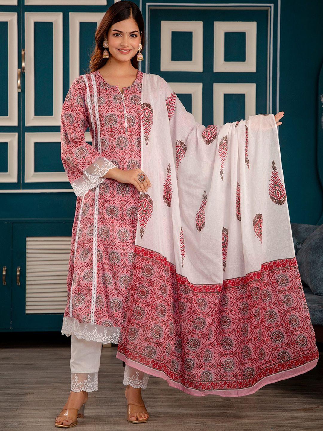 sijopa women floral printed regular patchwork pure cotton kurta with trousers & with dupatta