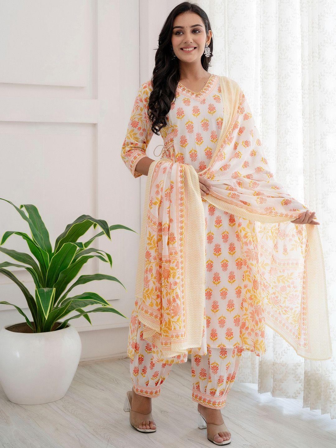 sijopa women floral printed regular thread work pure cotton kurta with trousers & with dupatta