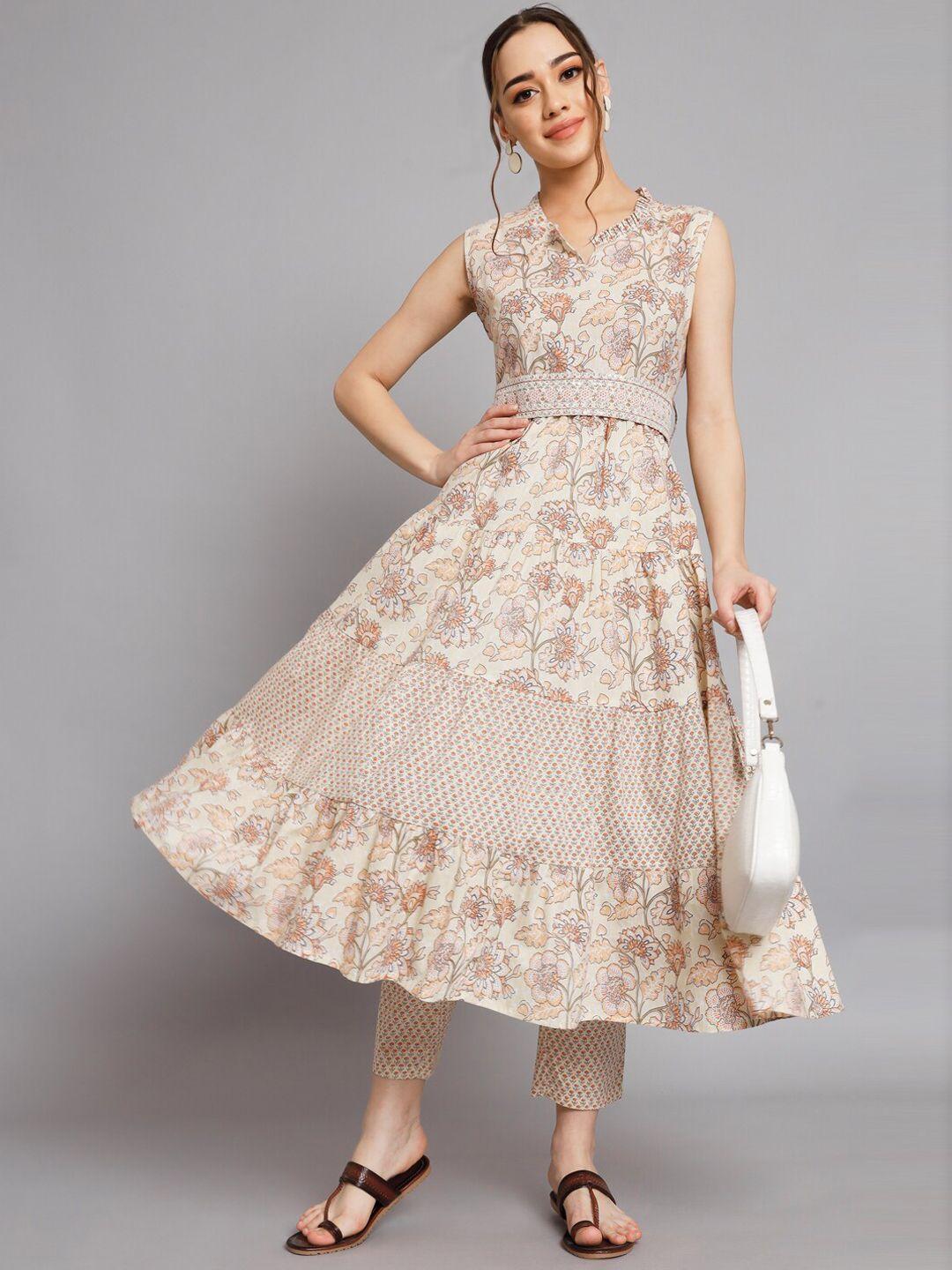 silai bunai notched neck sequinned tiered floral printed kurta with trousers