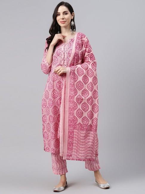 silai bunai pink printed kurta with bottom & dupatta set