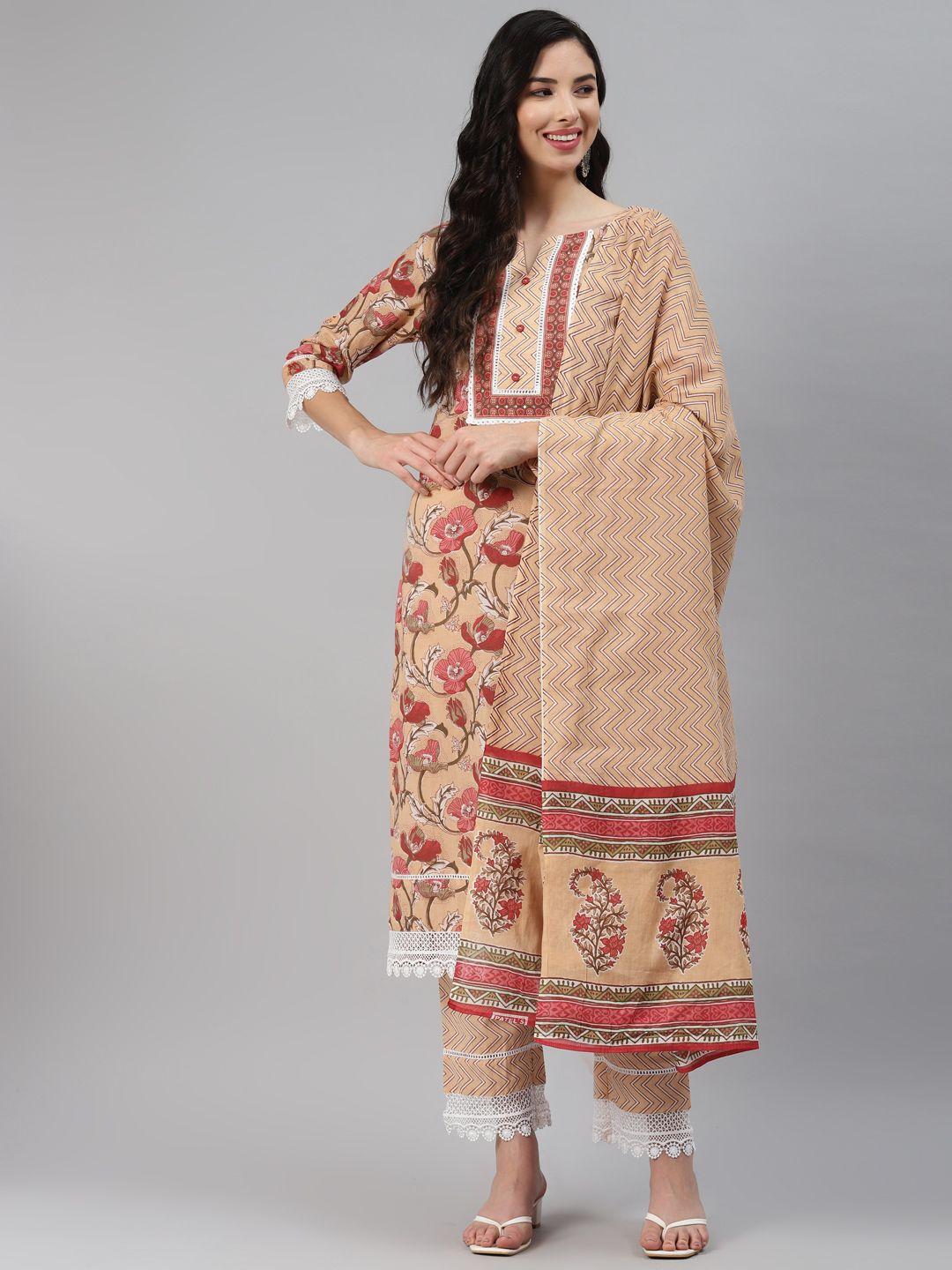 silai bunai women beige printed regular pure cotton kurta with palazzos & with dupatta