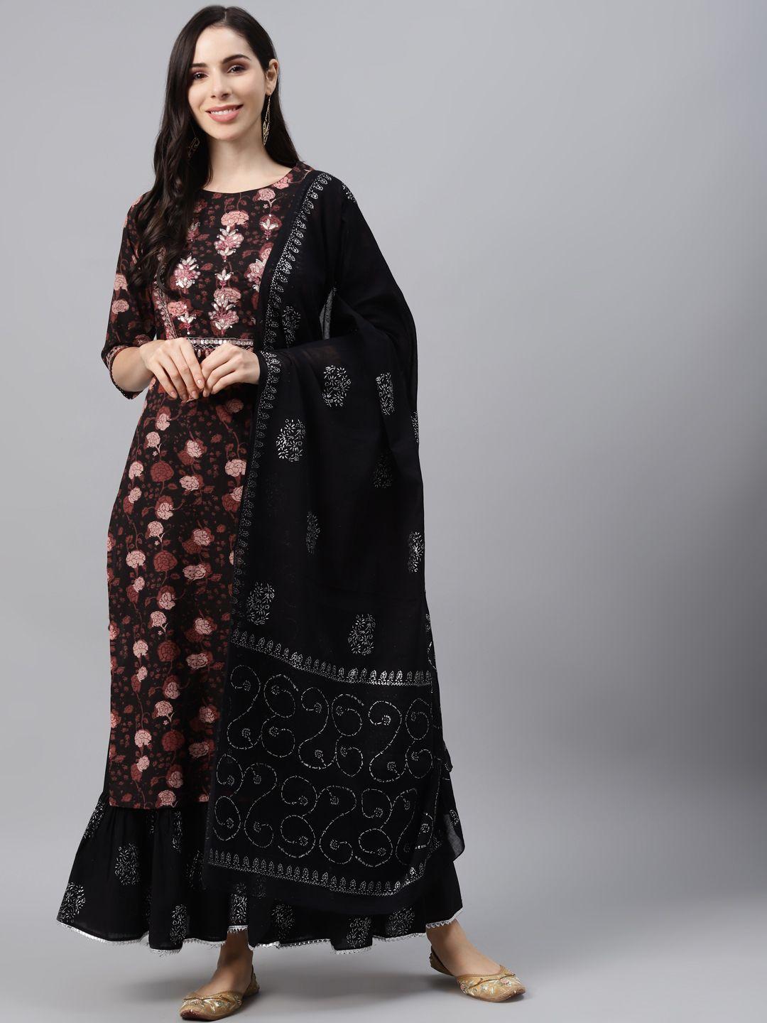 silai bunai women black & rust red ethnic motifs cotton kurta with sharara & dupatta