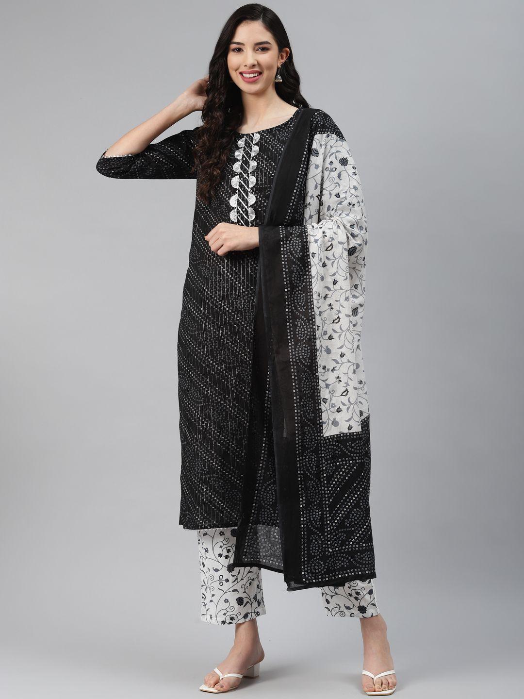 silai bunai women black ethnic motifs printed regular gotta patti pure cotton kurta set