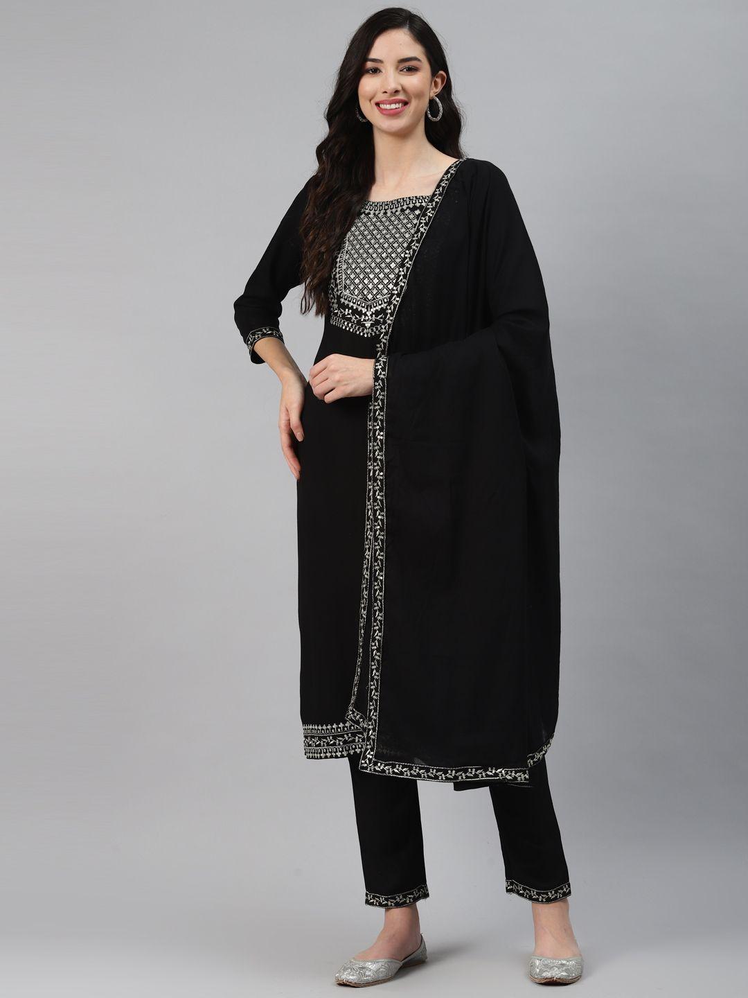 silai bunai women black yoke design regular zardozi pure cotton kurta with trousers & with dupatta