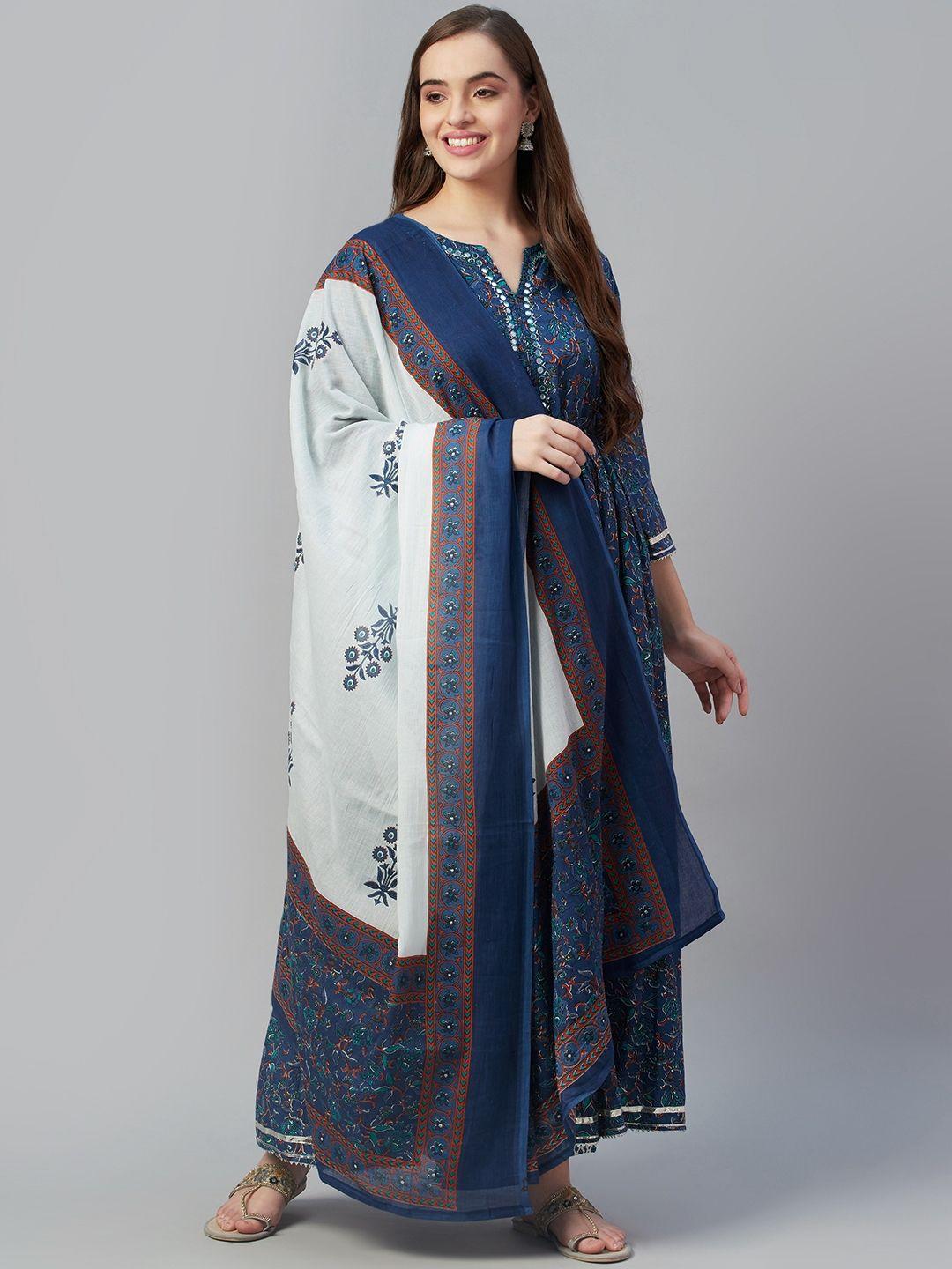 silai bunai women blue floral printed pleated pure cotton kurta with palazzos & with dupatta