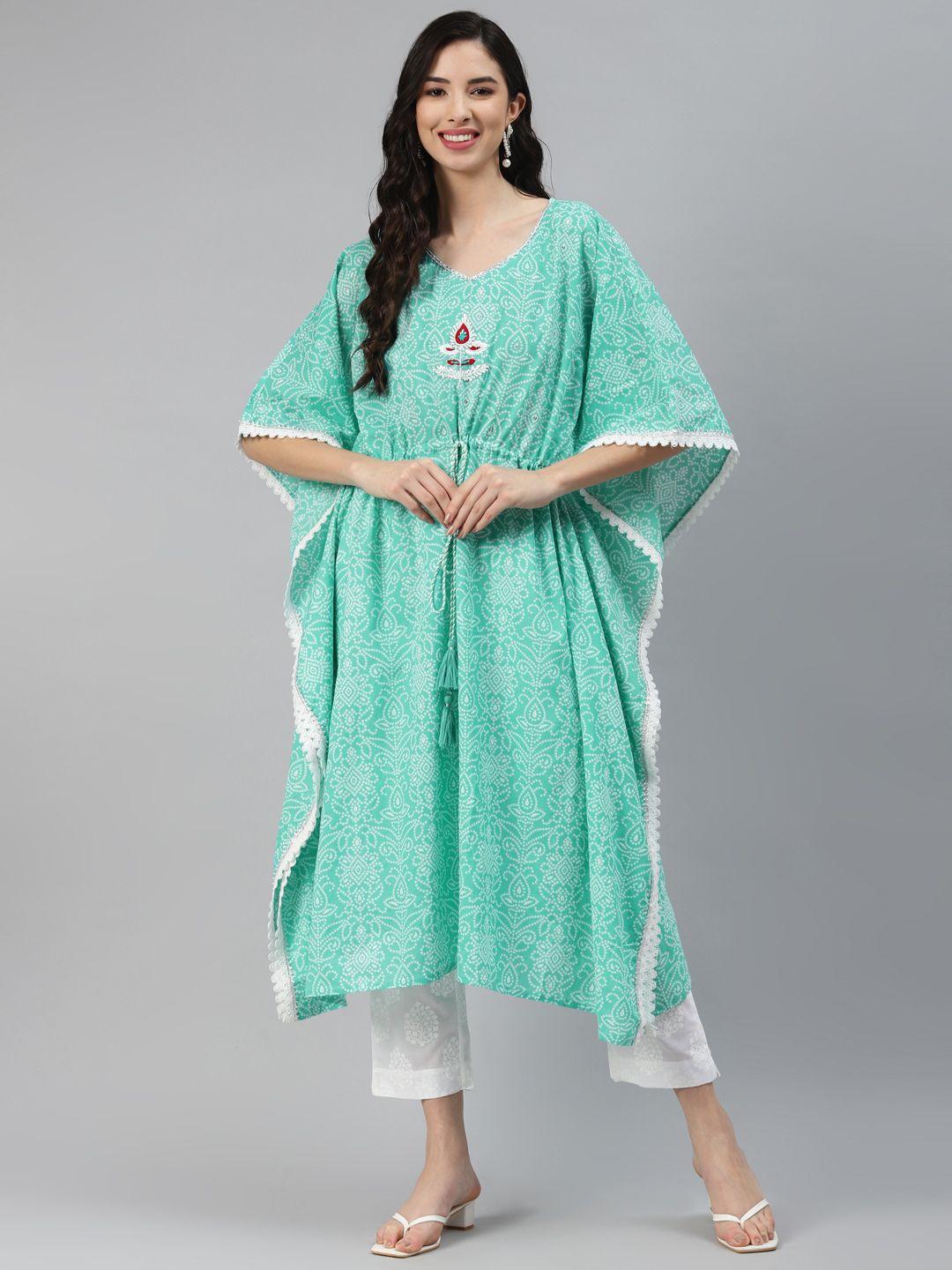 silai bunai women green ethnic motifs printed regular thread work pure cotton kurta with trousers