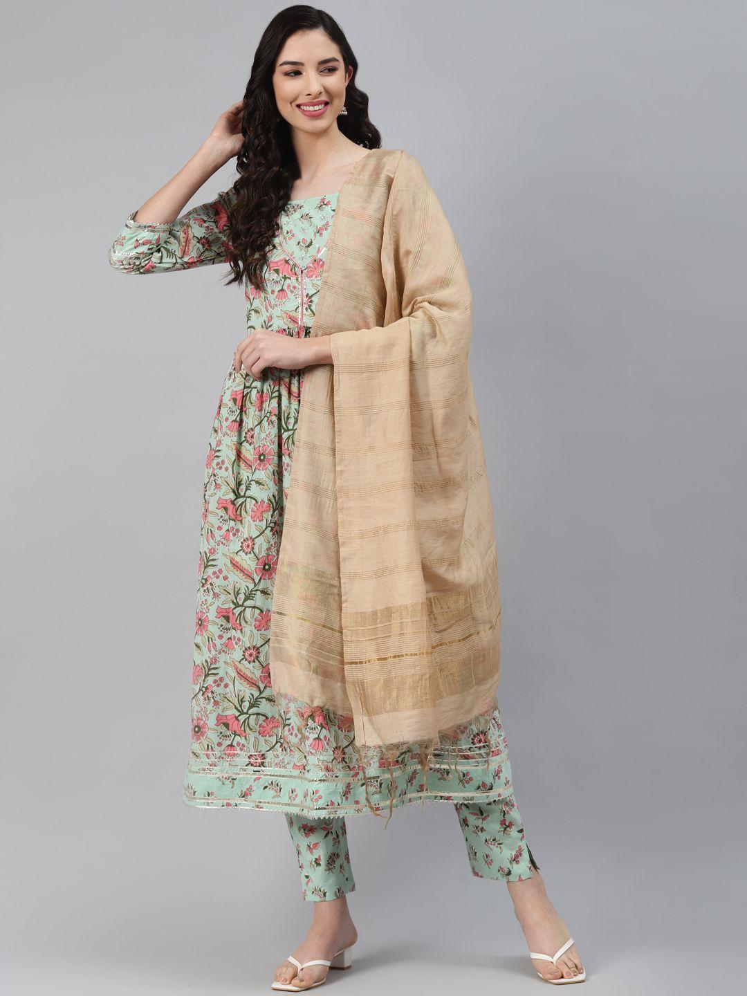 silai bunai women green floral printed empire sequinned pure cotton kurta with trousers & with dupatta