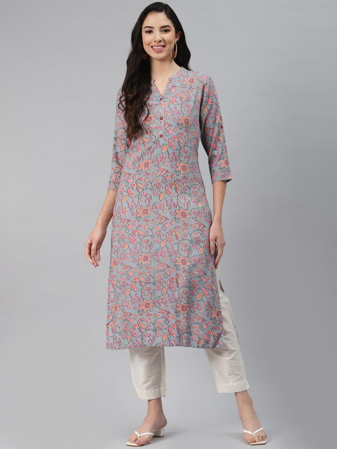 silai bunai women grey & pink printed kurta