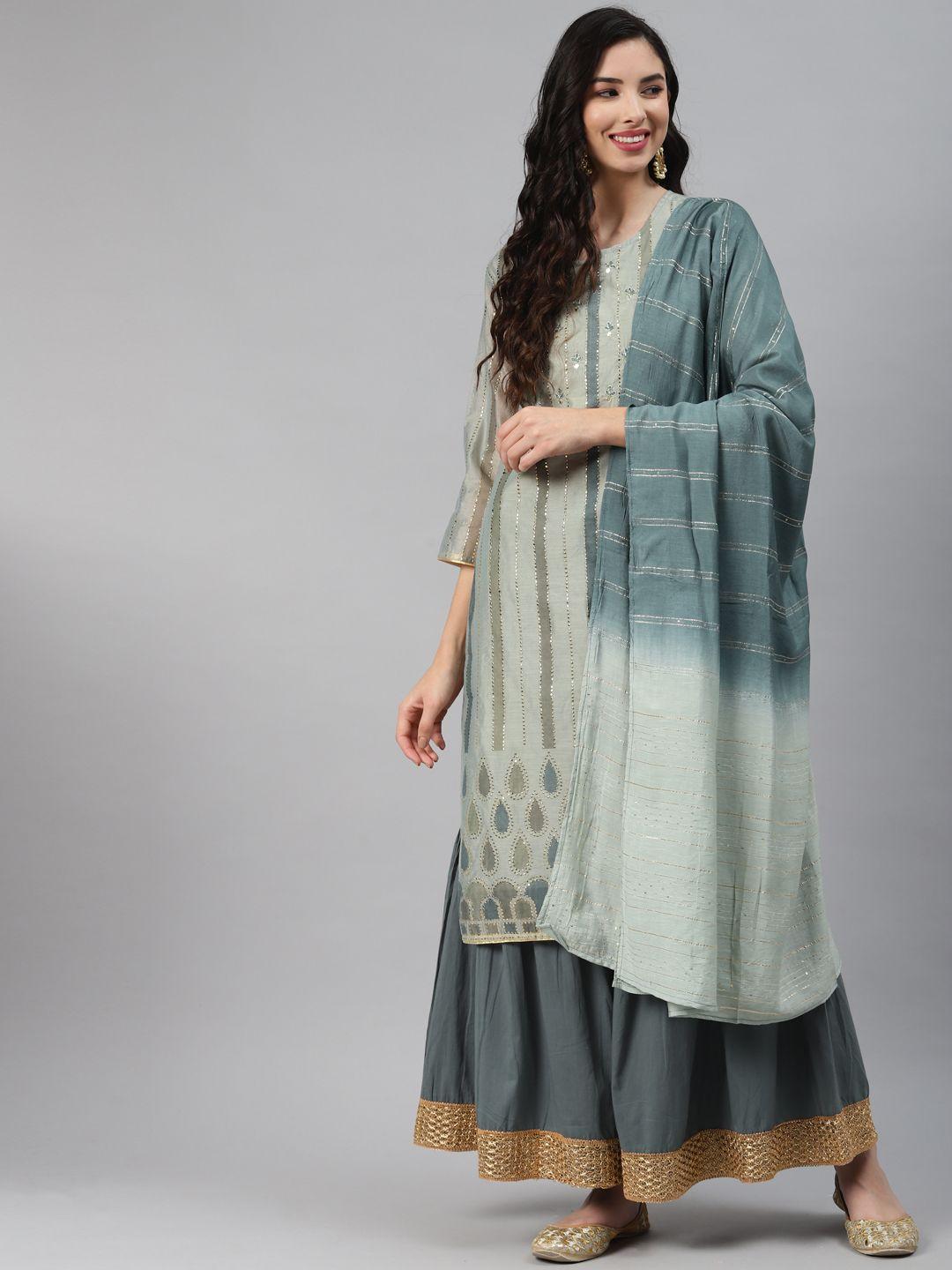 silai bunai women grey printed regular chanderi silk kurta with palazzos & with dupatta