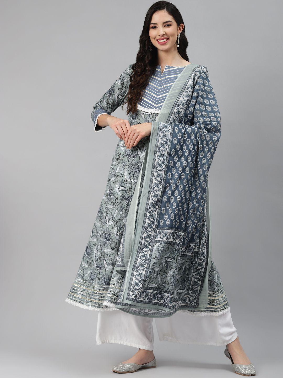 silai bunai women grey regular pure cotton kurta with palazzos & with dupatta