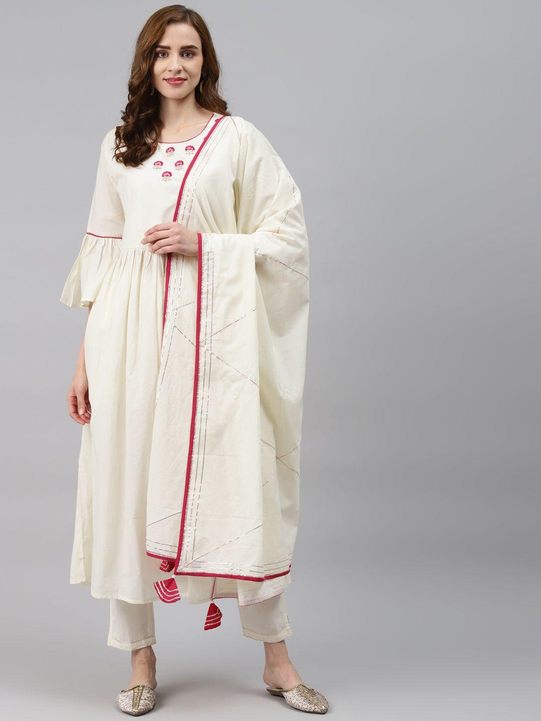 silai bunai women off white embroidered regular pure cotton kurta with trousers & with dupatta