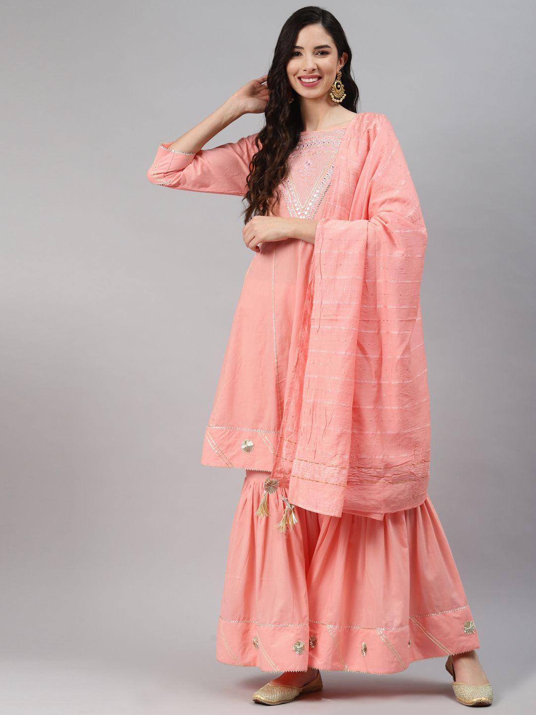 silai bunai women peach-coloured empire gotta patti pure cotton kurta with sharara & with dupatta