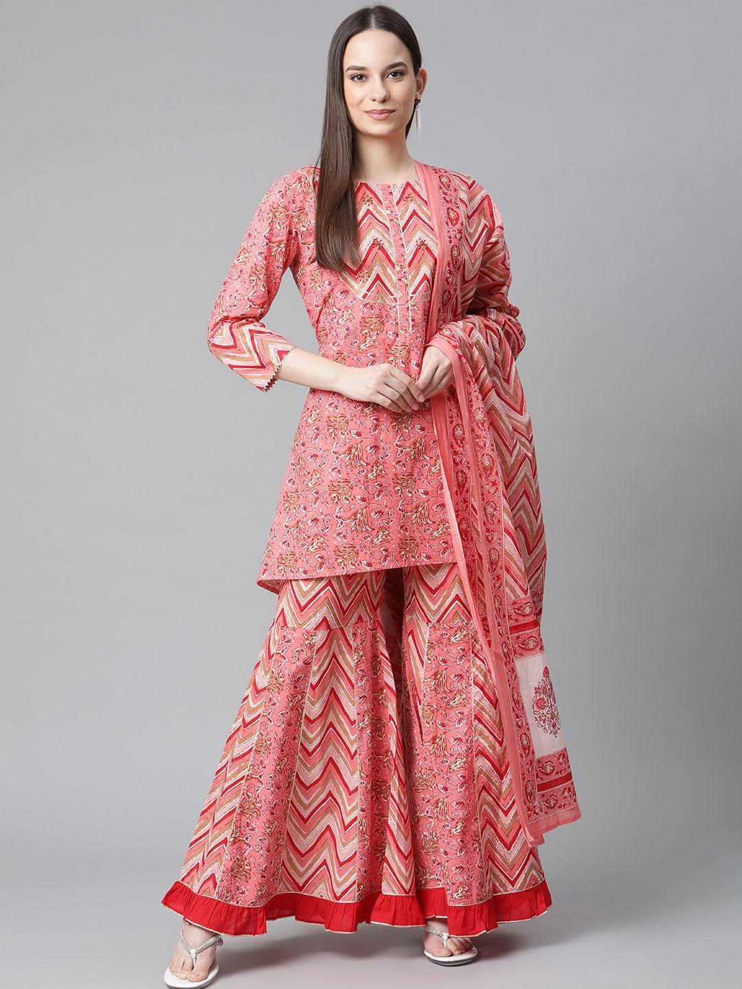 silai bunai women peach-coloured printed  pure cotton kurti with sharara & with dupatta