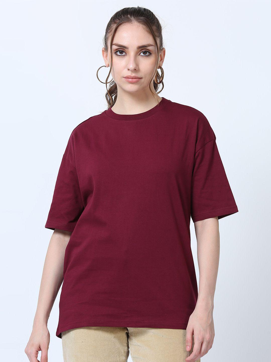 silisoul women maroon typography bio finish pockets boxy t-shirt