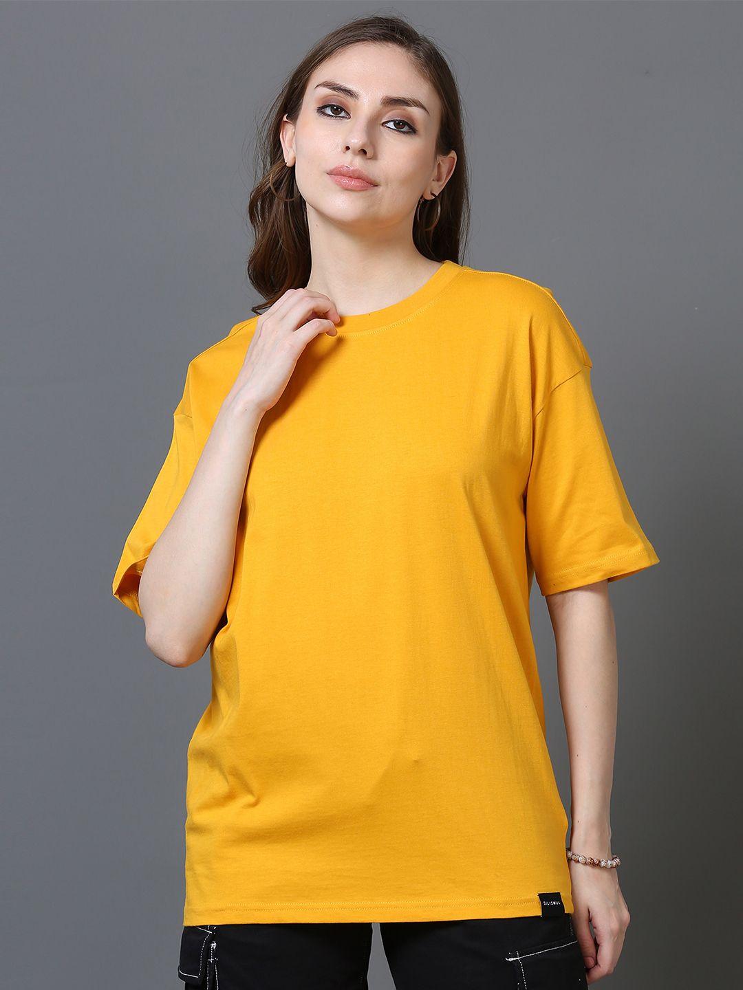 silisoul women mustard yellow drop-shoulder sleeves bio finish pockets boxy t-shirt