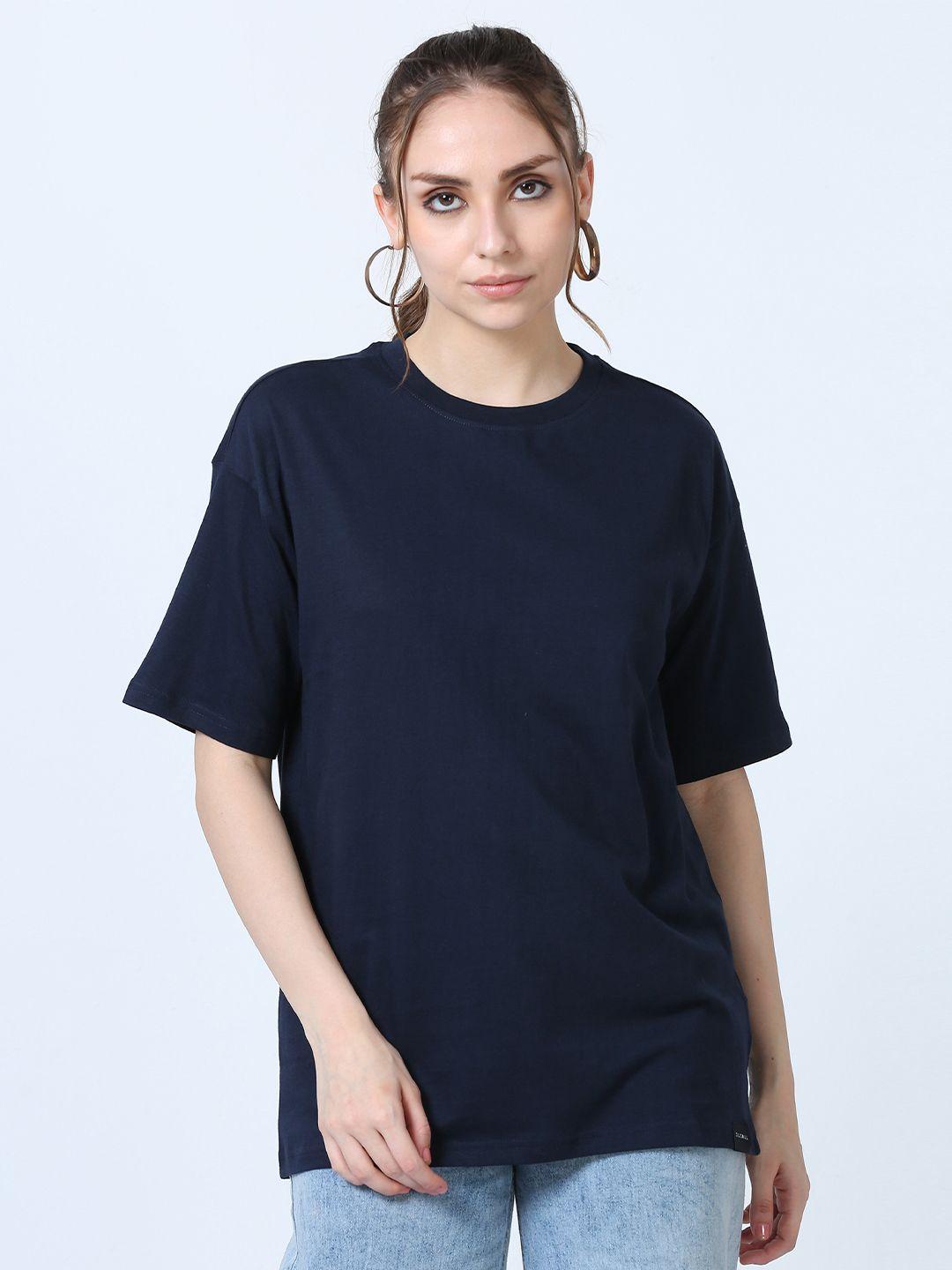 silisoul women navy blue drop-shoulder sleeves bio finish cut outs boxy t-shirt