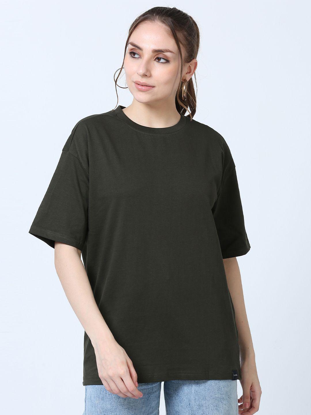 silisoul women olive green drop-shoulder sleeves bio finish raw edge boxy t-shirt