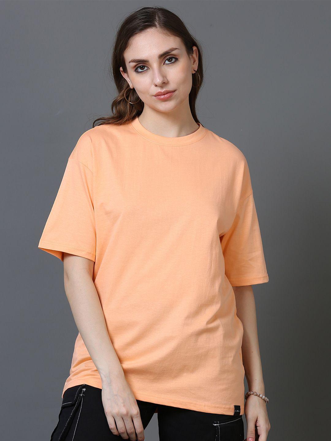 silisoul women peach-coloured drop-shoulder sleeves bio finish pockets boxy t-shirt
