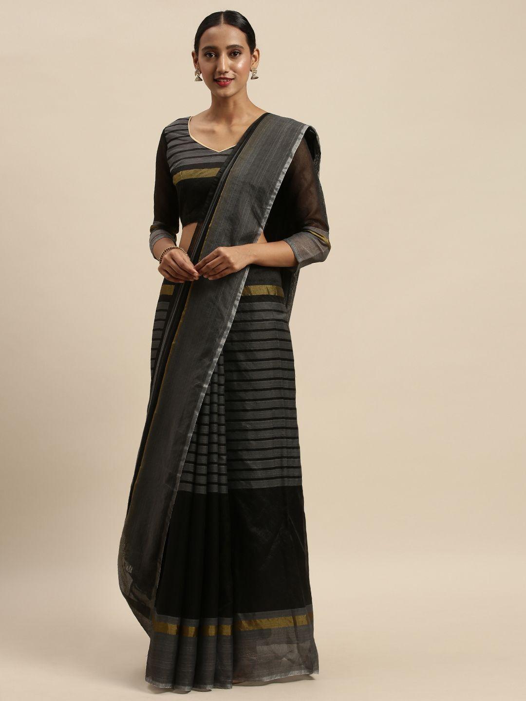 silk bazar black & charcoal grey silk cotton striped saree