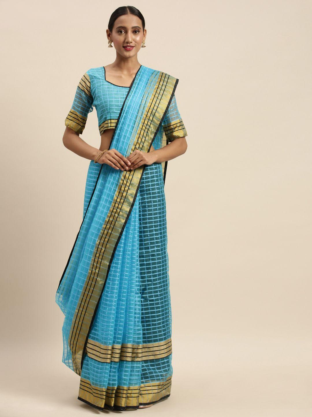 silk bazar blue checked silk cotton saree