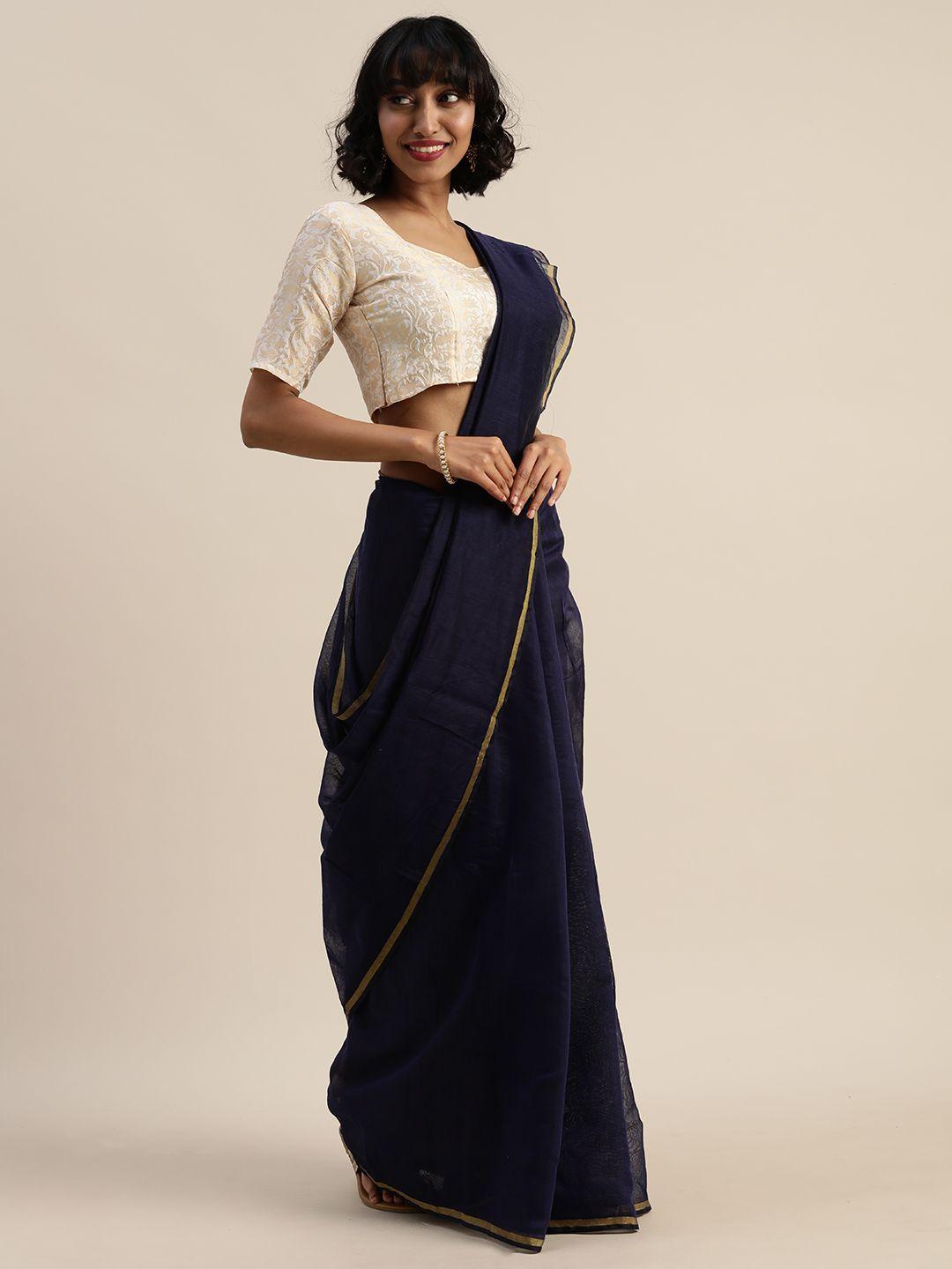 silk bazar navy blue & gold-toned silk blend solid chanderi saree