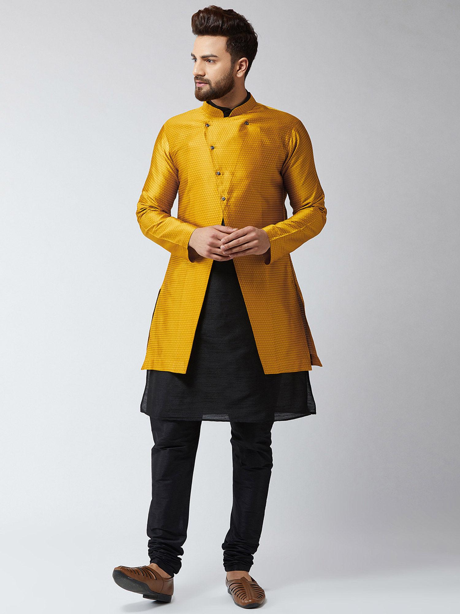 silk blend black & mustard self design kurta and sherwani with churidar (set of 3)