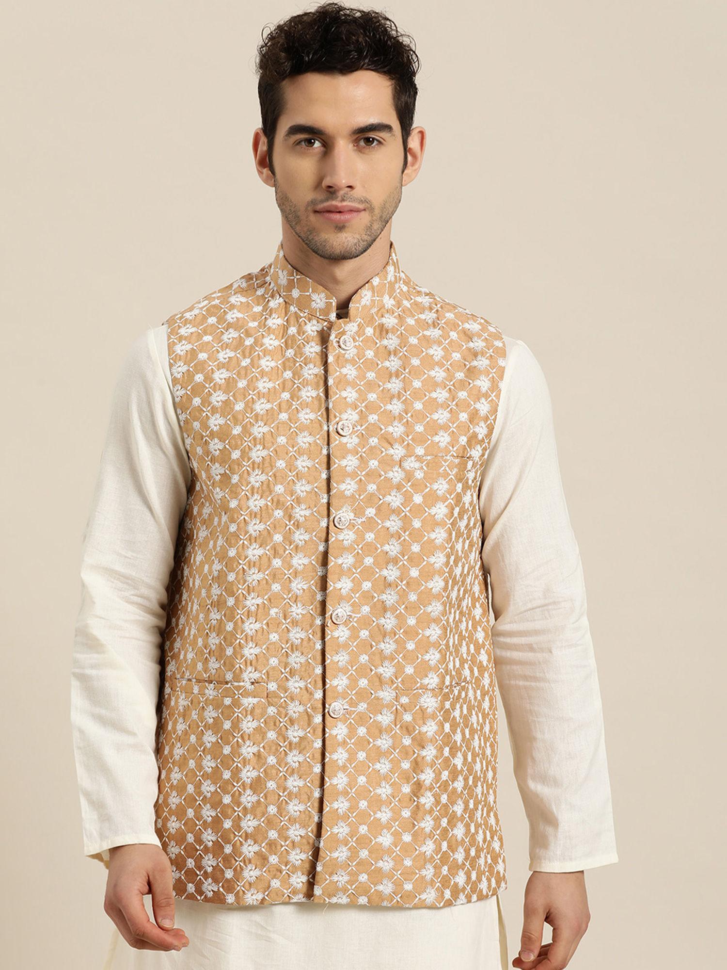 silk blend dark gold embroidered only nehru jacket