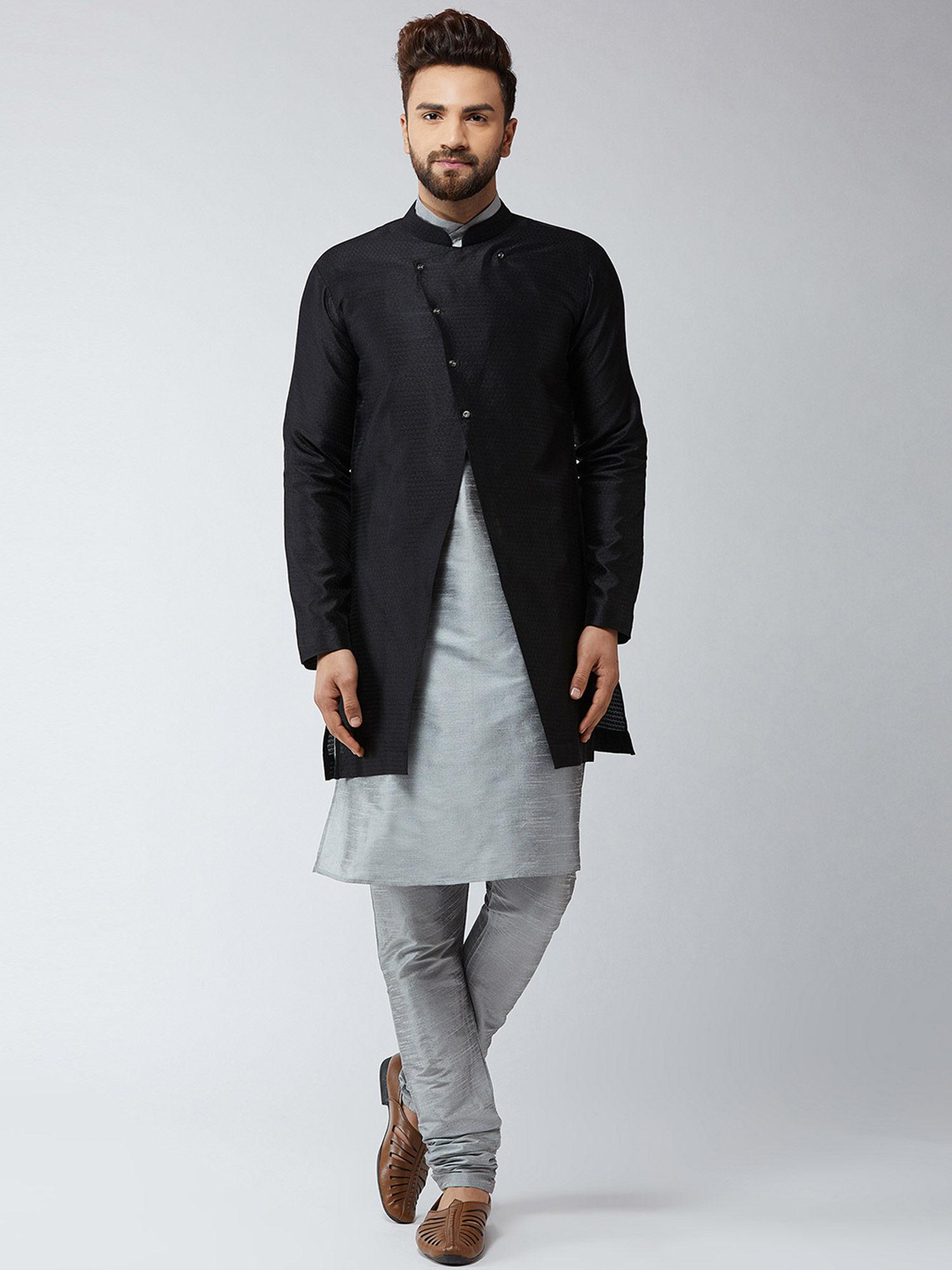 silk blend grey & black self design kurta and sherwani with churidar (set of 3)