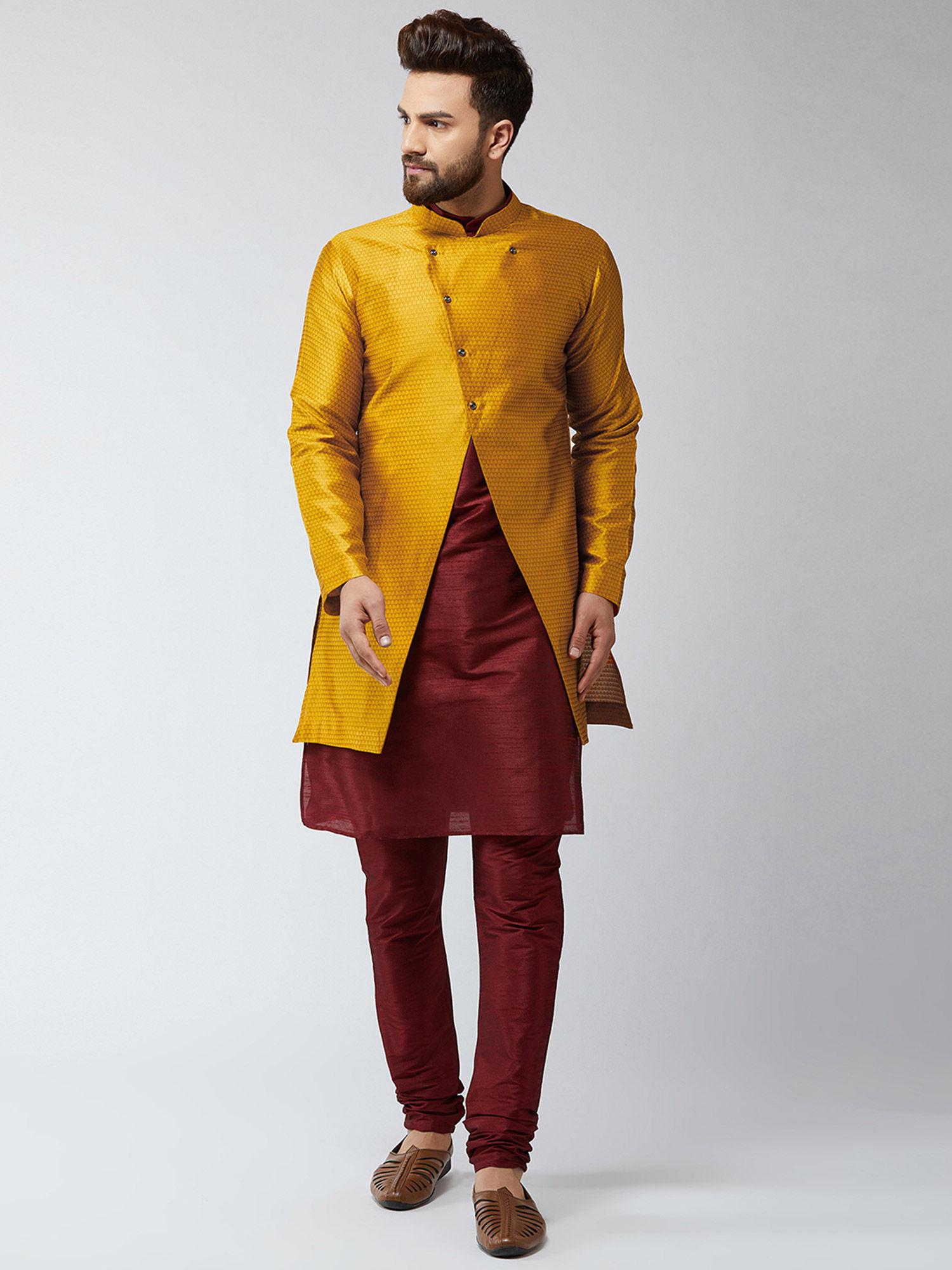 silk blend maroon & mustard self design kurta and sherwani with churidar (set of 3)