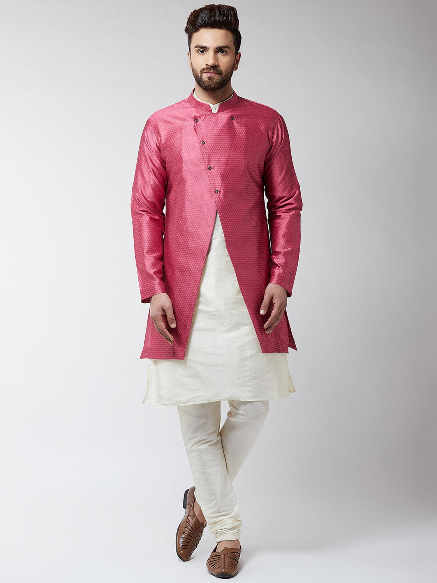 silk blend off white & pink self design kurta and sherwani with churidar (set of 3)