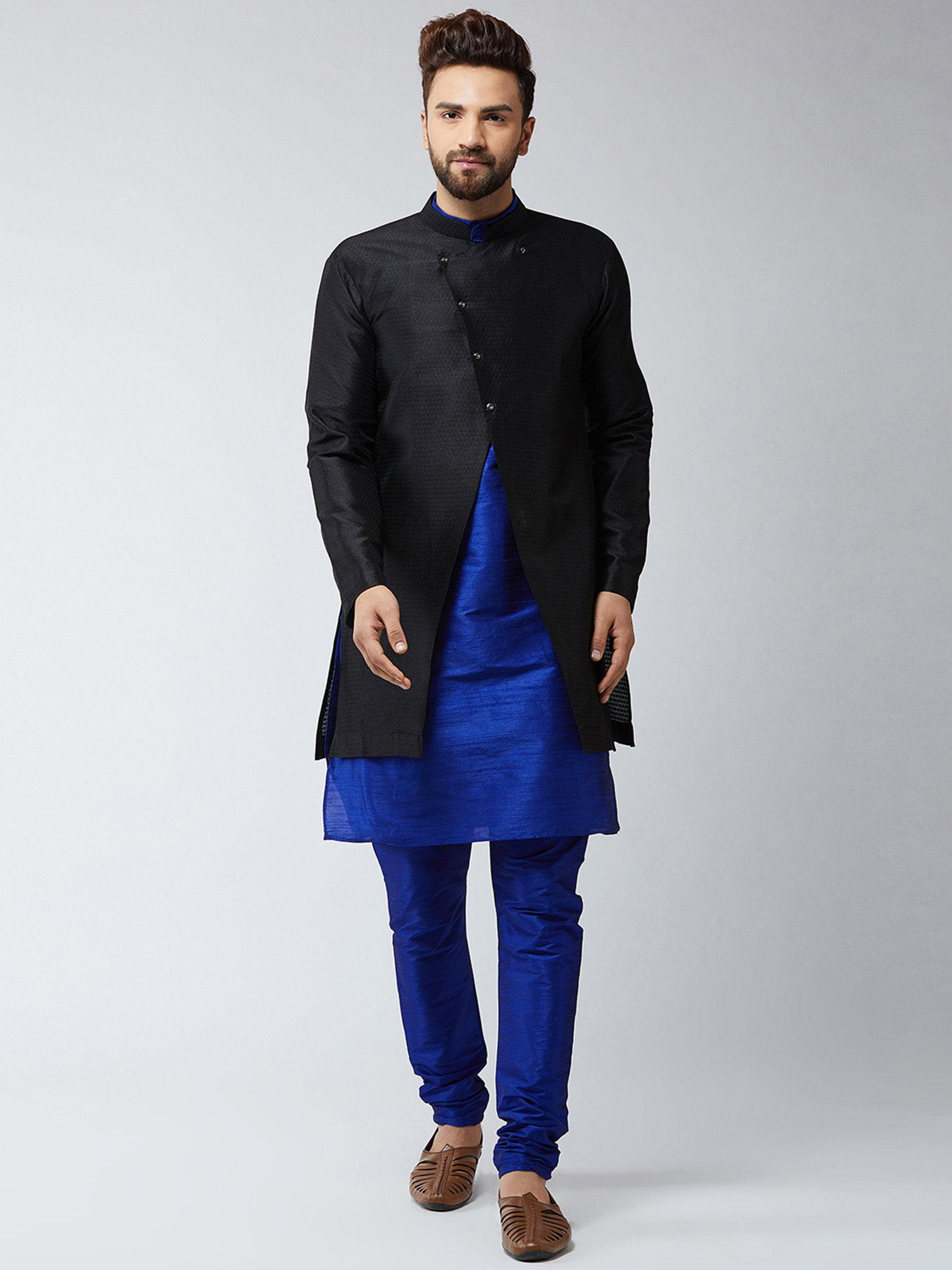 silk blend royal black self design kurta and sherwani with churidar (set of 3)