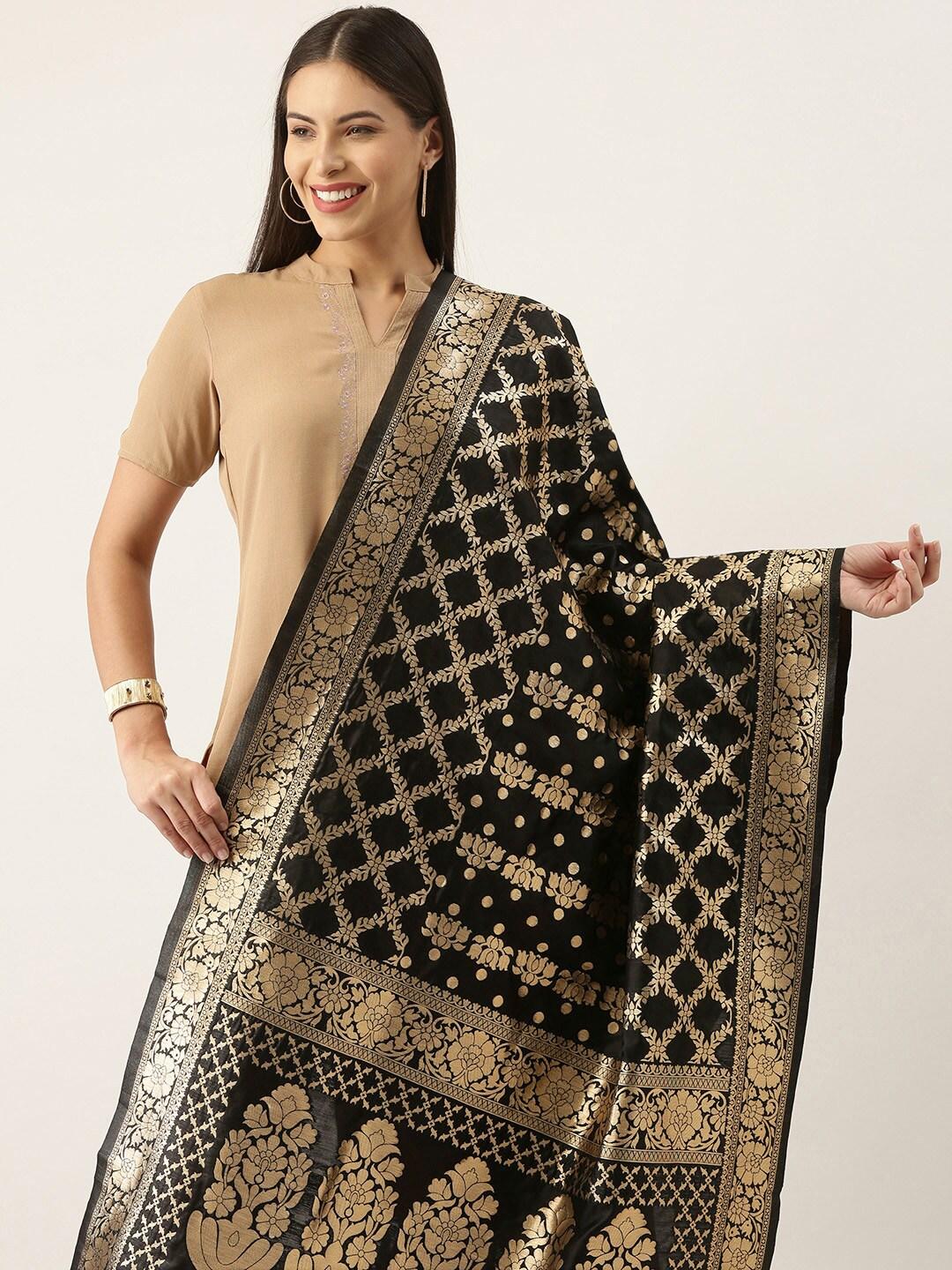 silk land black & gold-toned ethnic motifs woven design pure banarasi silk dupatta