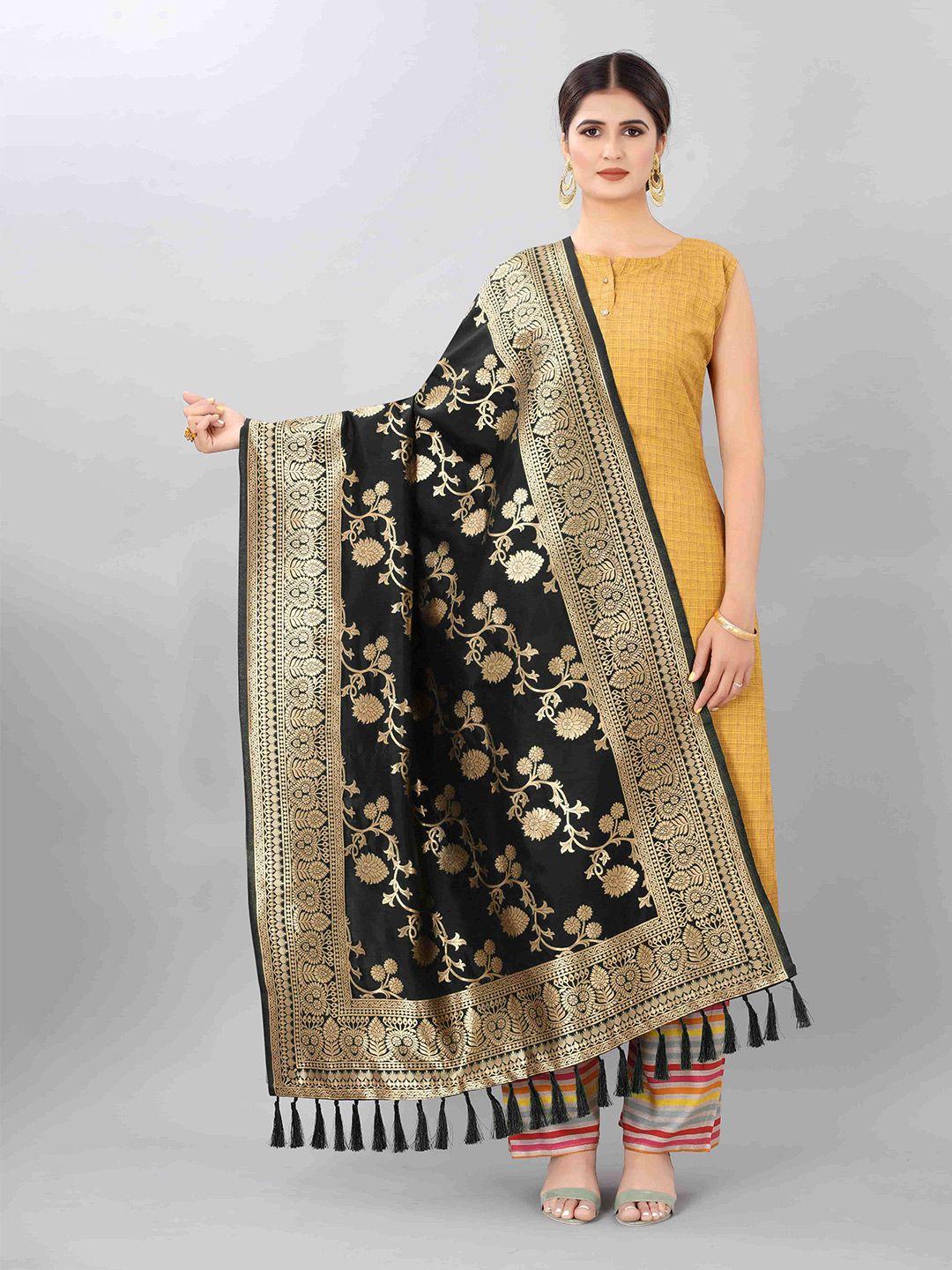 silk land black & gold-toned woven design jacquard banarasi dupatta with zari