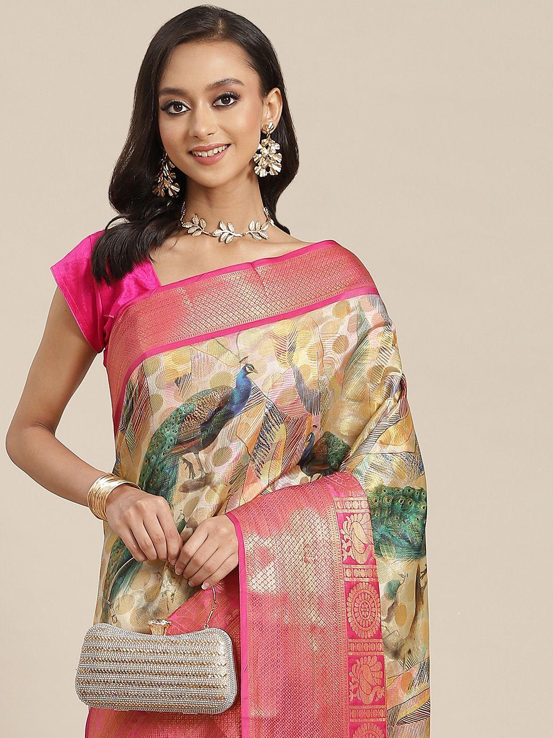 silk land blue & pink ethnic motifs zari art silk banarasi saree