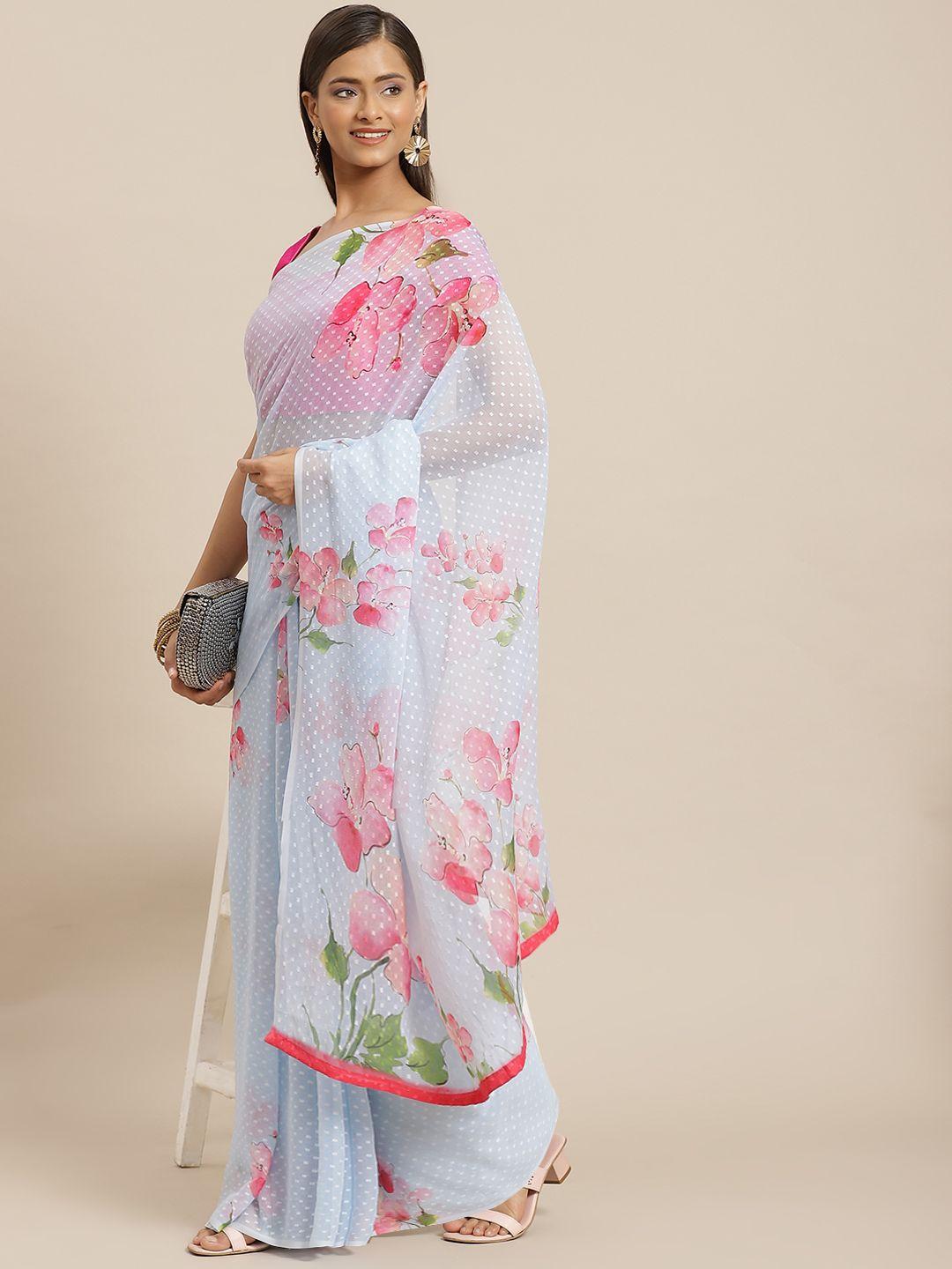 silk land blue & pink floral chiffon saree