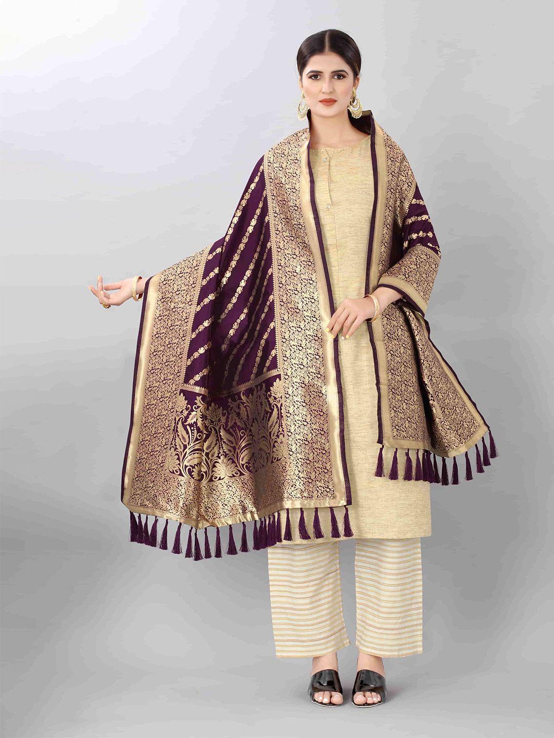silk land burgundy & gold-toned woven design art silk dupatta with zari